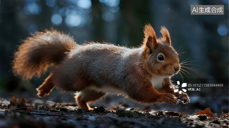 【AI数字艺术】松鼠在森林中奔跑的瞬间图片素材