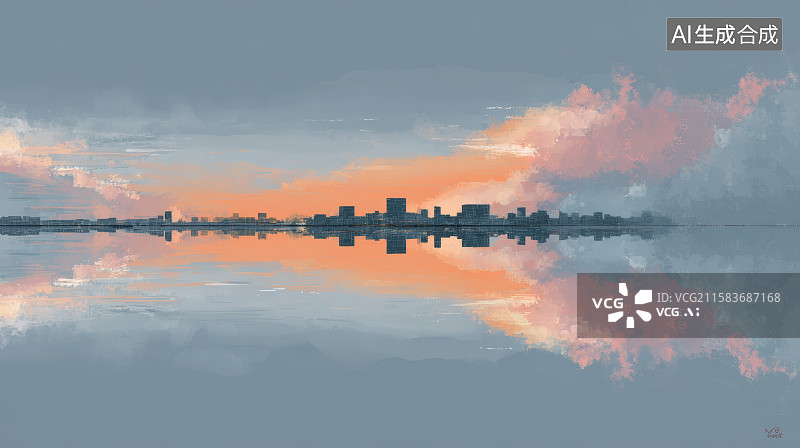 【AI数字艺术】城市剪影与湖面倒影图片素材