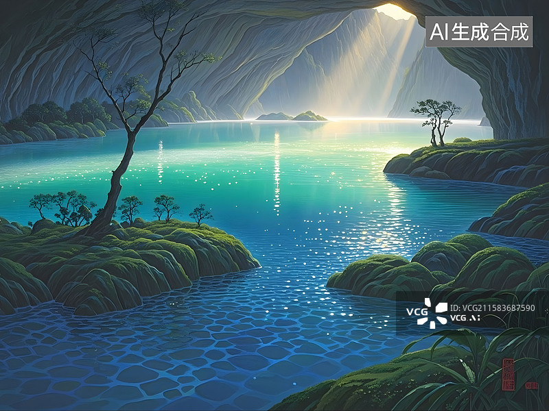 【AI数字艺术】丁达尔光穿透云层洒落在水面图片素材