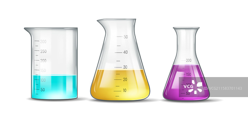 三个装有彩色液体的实验室烧瓶图片素材