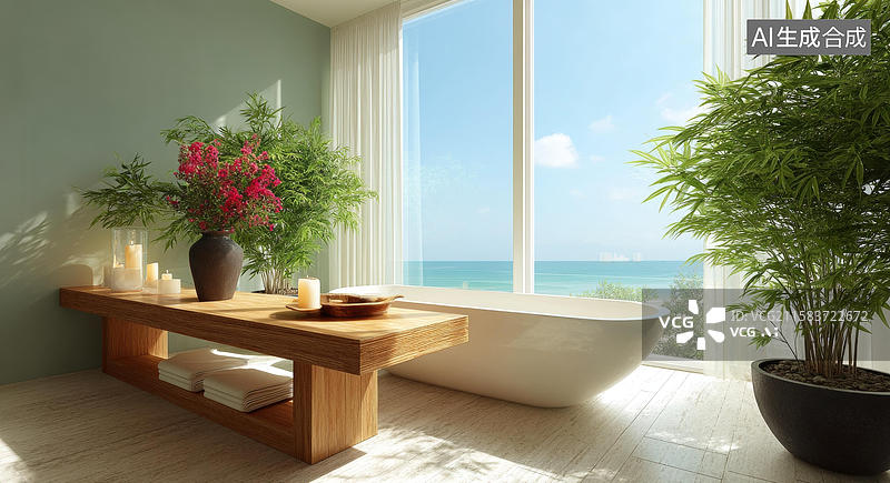 【AI数字艺术】海景SPA浴室的宁静与舒适图片素材