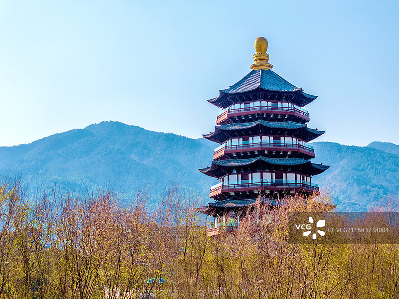 中国云南临沧玉龙湖锁水阁航拍风光图片素材