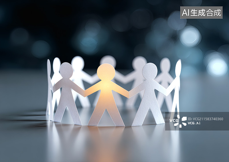 【AI数字艺术】象征团队合作的纸人手拉手图片素材