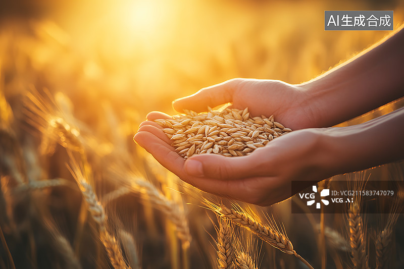 【AI数字艺术】金色夕阳下捧着麦穗的双手——爱惜粮食和世界粮食日主题图片素材