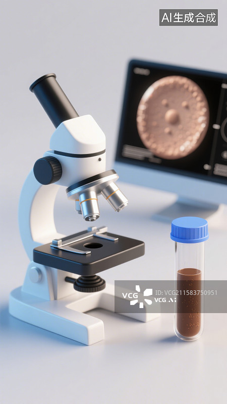 【AI数字艺术】3D三维显微镜放大镜镜头与微生物和实验室设备电脑显示器元素图片素材