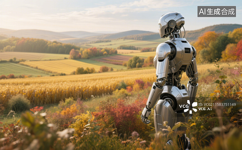 【AI数字艺术】站在草地上的未来机器人人工智能背景图片素材