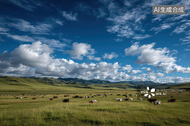 【AI数字艺术】草原牛羊蓝天白云自然风光图图片素材
