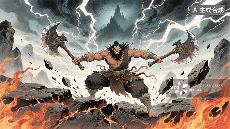 【AI数字艺术】古代神话故事盘古开天辟地插画图片素材