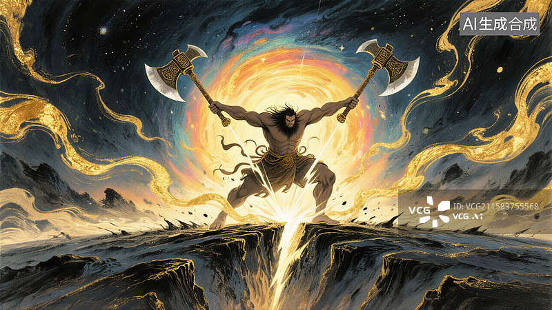 【AI数字艺术】古代神话故事盘古开天辟地插画图片素材
