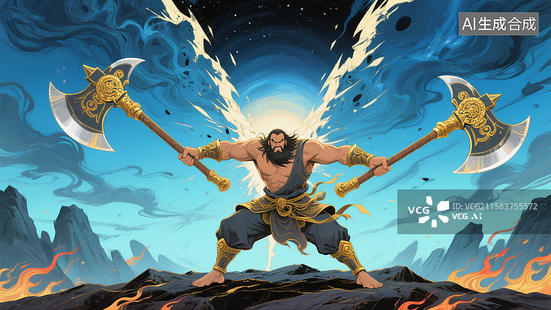 【AI数字艺术】古代神话故事盘古开天辟地插画图片素材