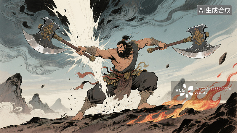【AI数字艺术】古代神话故事盘古开天辟地插画图片素材