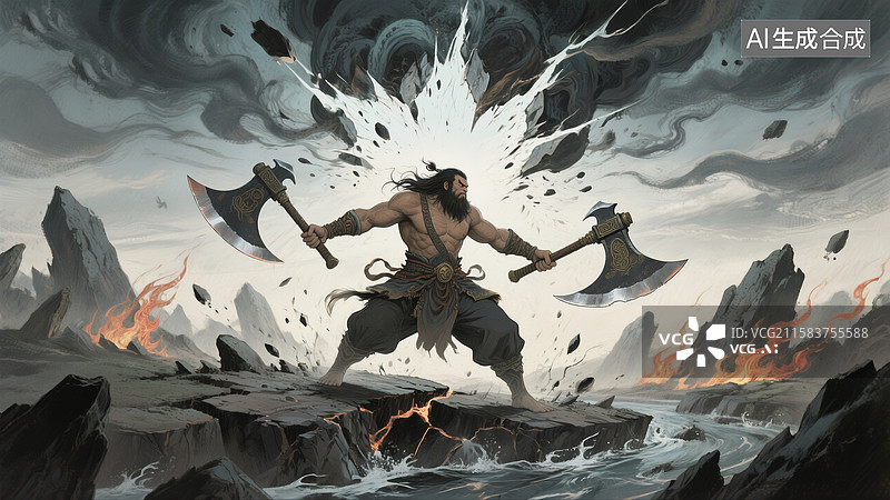 【AI数字艺术】古代神话故事盘古开天辟地插画图片素材