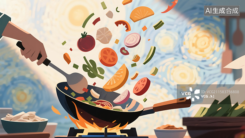 【AI数字艺术】炒菜美食插画图片素材