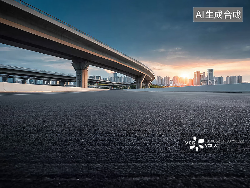 【AI数字艺术】城市交通干道与高架桥：沥青路、桥梁结构及城市天际线景观图片素材