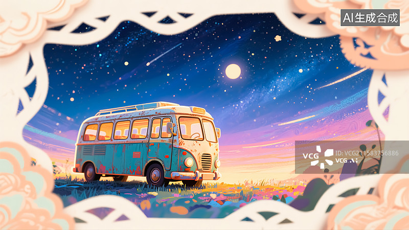 【AI数字艺术】复古大巴车星空夜景插画图片素材