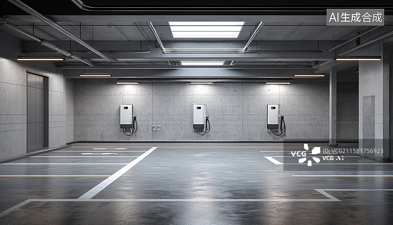 【AI数字艺术】地下车库场景：电动汽车充电桩、空旷车位与工业风建筑空间展示图片素材