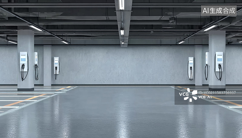 【AI数字艺术】地下车库场景：电动汽车充电桩、空旷车位与工业风建筑空间展示图片素材
