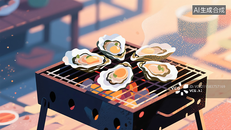 【AI数字艺术】烤生蚝美食插画图片素材