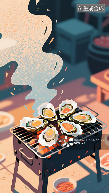 【AI数字艺术】烤生蚝美食插画图片素材