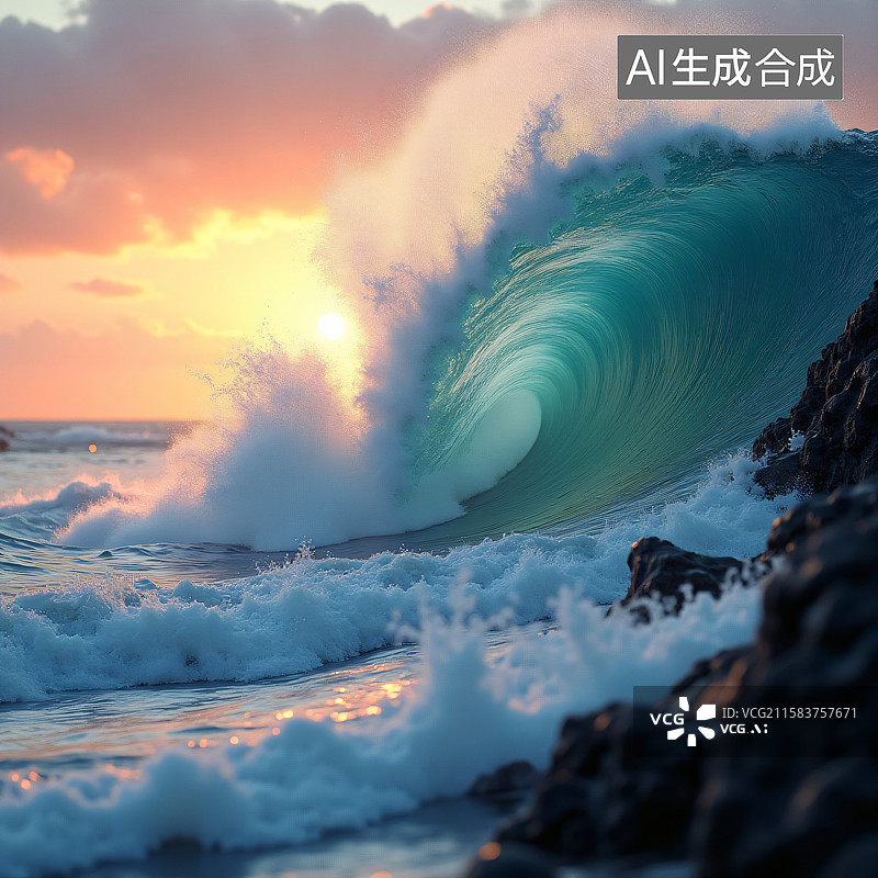 【AI数字艺术】黄金时刻：海浪的澎湃之力图片素材