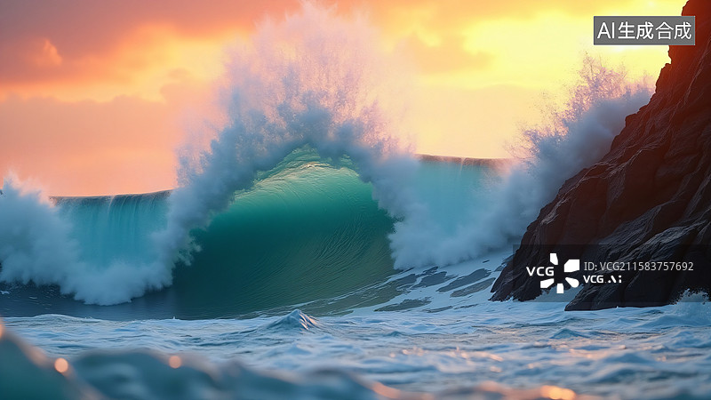 【AI数字艺术】黄金时刻：海浪的澎湃之力图片素材