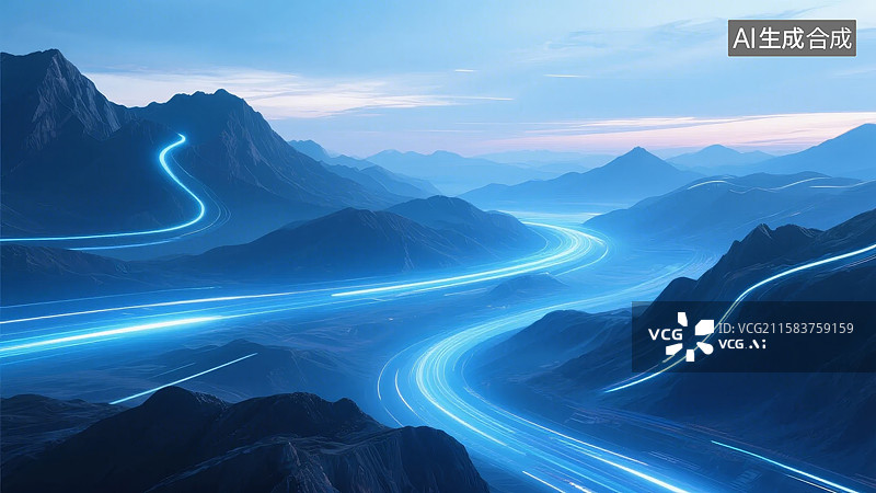 【AI数字艺术】蓝色光流穿越山峦的未来景象图片素材
