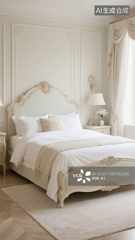 【AI数字艺术】优雅的白色卧室，古典风格装饰图片素材