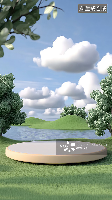 【AI数字艺术】创新产品戏剧性天空下郁郁葱葱草坪上圆形展台广告、书籍插图企业演示环保商业背景可持续发展和增长理念图片素材