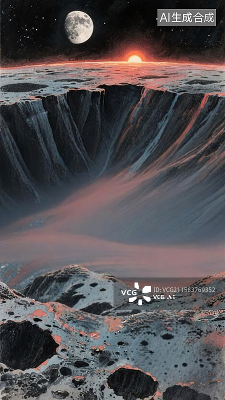 【AI数字艺术】月球表面的神秘陨石坑与双星景象图片素材
