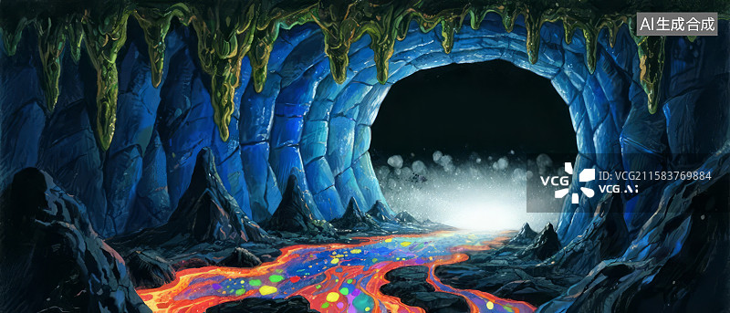 【AI数字艺术】神秘洞穴与荧光河流图片素材