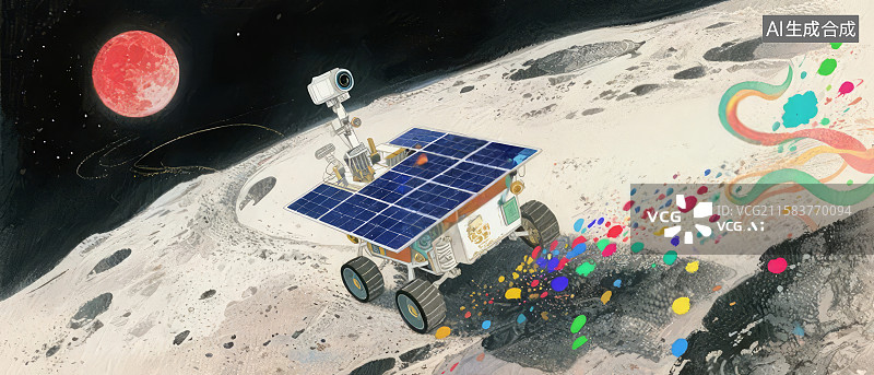 【AI数字艺术】月球探测器在彩色粒子中探索图片素材