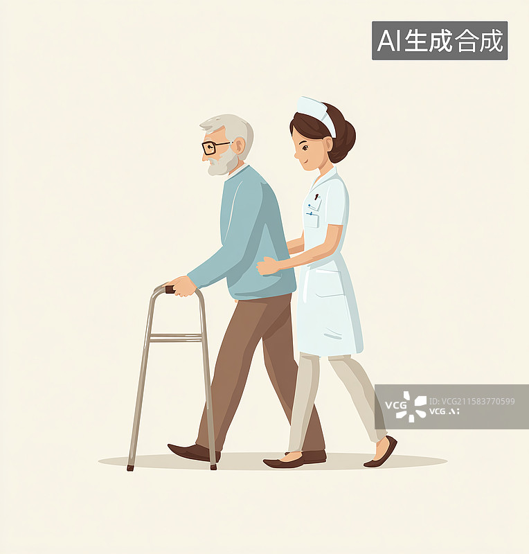 【AI数字艺术】卡通医护场景：护士搀扶使用助行器的老人，传递养老护理温情陪伴画面图片素材