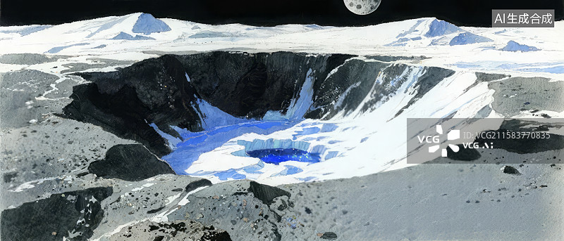 【AI数字艺术】月球表面的冰坑景观图片素材