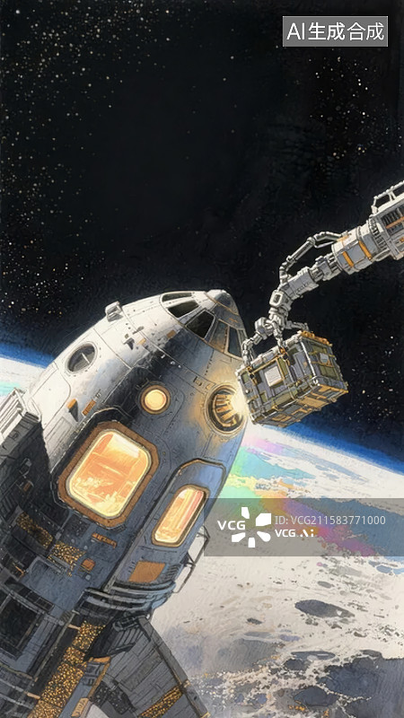 【AI数字艺术】太空站与机械臂在地球轨道上的作业图片素材