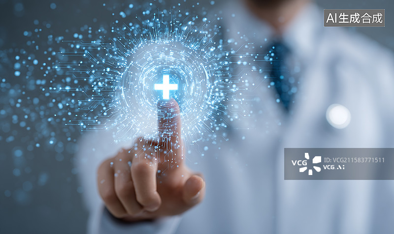 【AI数字艺术】医疗科技场景：医生手指点击十字符号，数据光点展现未来智能医学数字网络图片素材