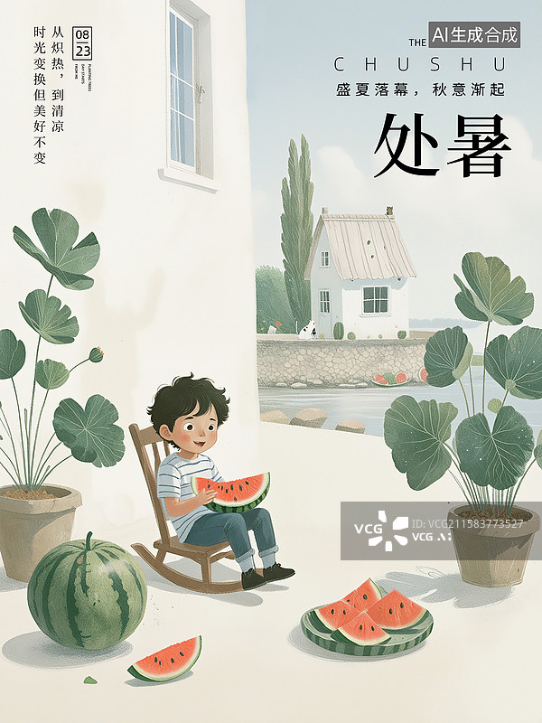 【AI数字艺术】二十四节气海报模版-夏天 小男孩坐在房屋旁边吃西瓜，乡村气息，旁边有花盆和小狗 竖版图片素材