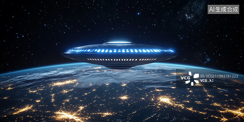 【AI数字艺术】神秘飞碟掠过地球图片素材