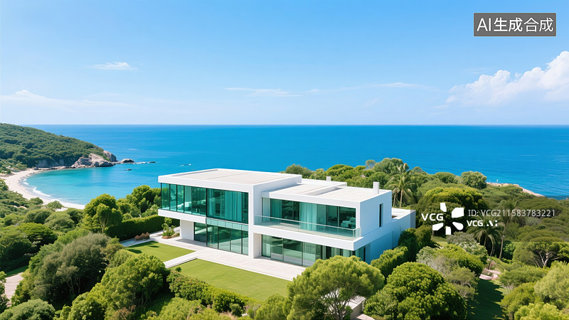 【AI数字艺术】现代简约风格的海边别墅图片素材