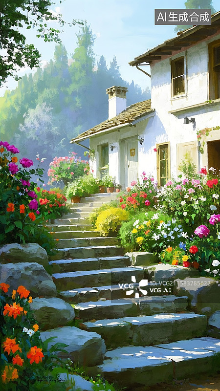 【AI数字艺术】乡村小屋景致，小屋，石阶，花卉，植物，呈现温馨宁静、充满艺术氛围的乡村生活图片素材