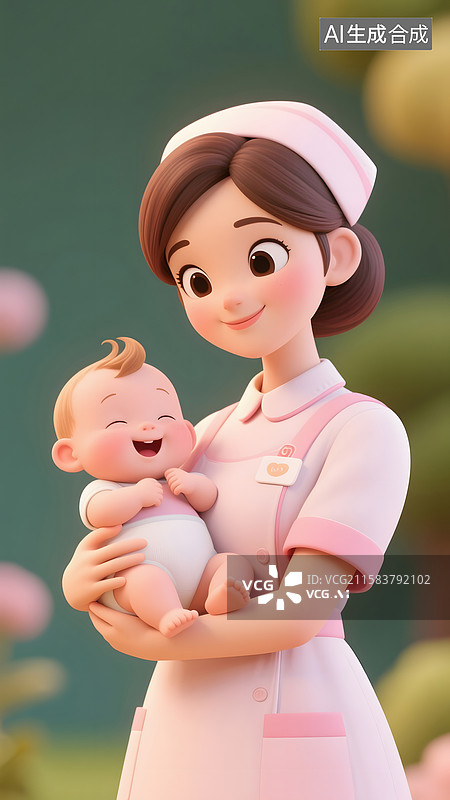 【AI数字艺术】3D卡通抱着婴儿的月嫂图片素材