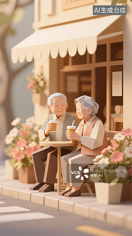 【AI数字艺术】一对老年夫妻坐在商店门口喝着饮料花盆浪漫三维图图片素材
