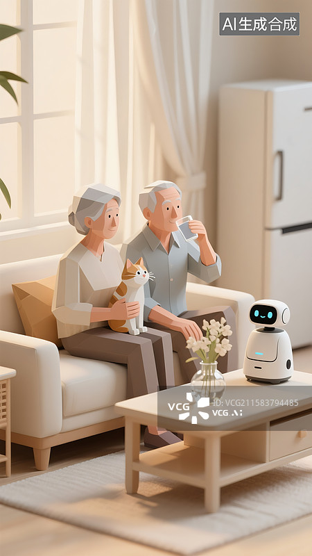 【AI数字艺术】一对老年夫妻坐在沙发上抱着花猫休息喝水智能机器人三维图图片素材