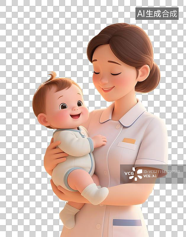 【AI数字艺术】3D卡通抱着婴儿的月嫂免抠元素图片素材