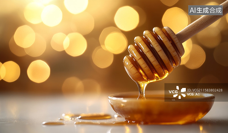 【AI数字艺术】蜂蜜从蜂巢棒滴入碗中画面图片素材