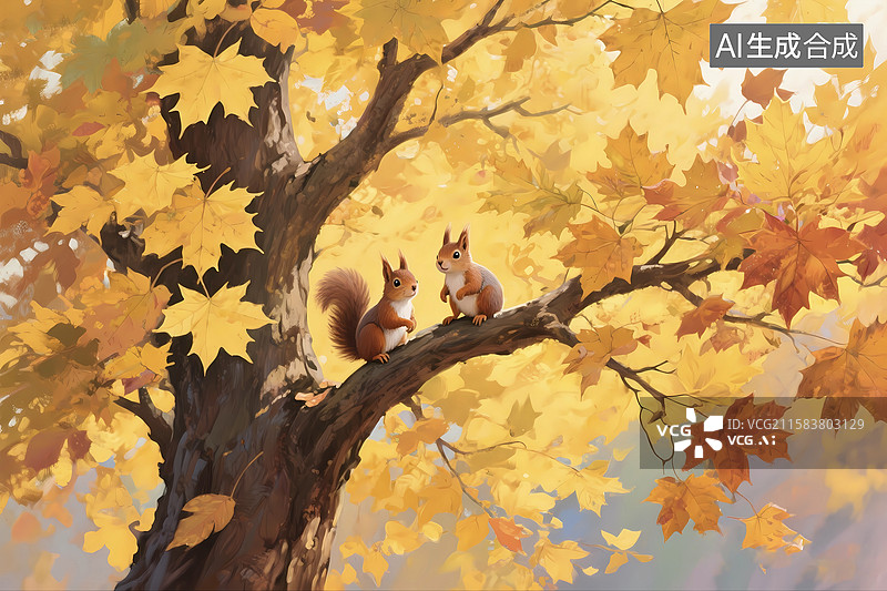 【AI数字艺术】秋天枫叶松鼠坚果金秋霜降图片素材