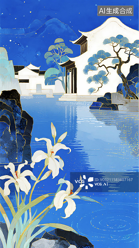 【AI数字艺术】清冷中式建筑园林庭院芝兰玉树图片素材
