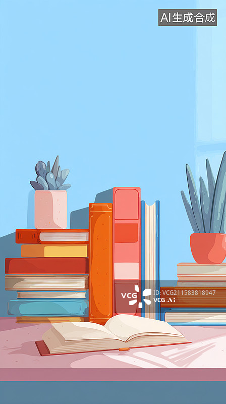 【AI数字艺术】书架上的书籍与绿植图片素材