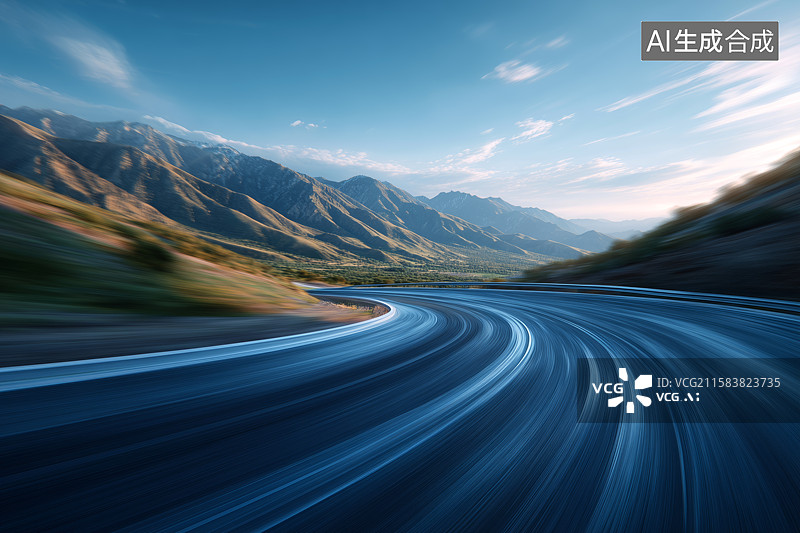 【AI数字艺术】蜿蜒公路穿过翠绿起伏的山丘图片素材