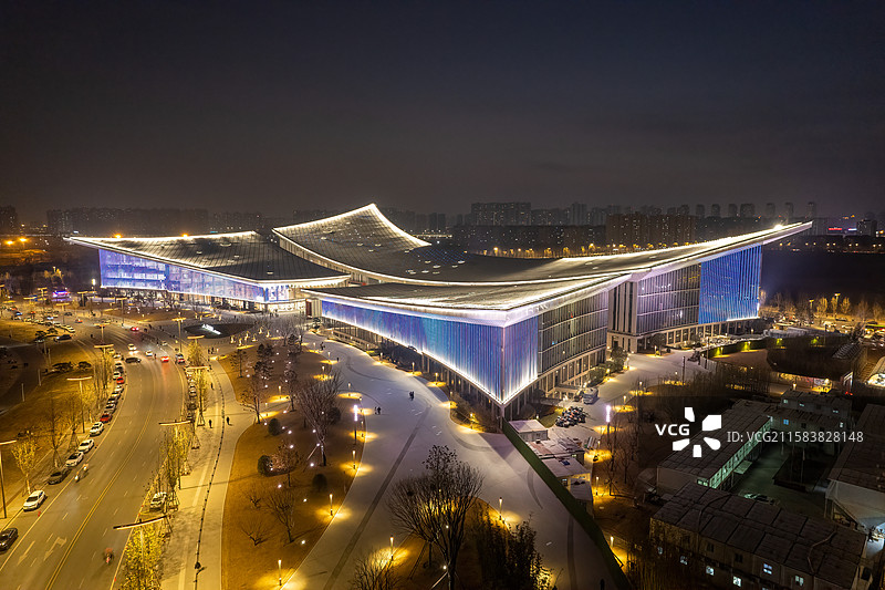 西安长安书院城市风光夜景全景航拍图片素材