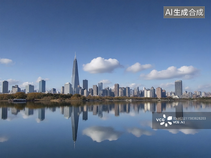 【AI数字艺术】城市天际线，在水面中倒映图片素材